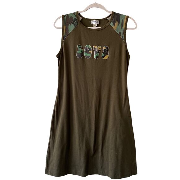 Vintage Paula J Womens Size L Green LOVE Camo Detail Y2K Tank Dress - Picture 1 of 6